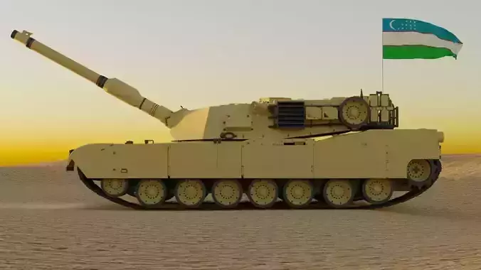 Abrams tank in desert with flag
