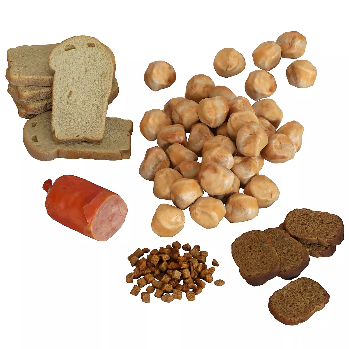 Bread set foods including and nuts 3D model