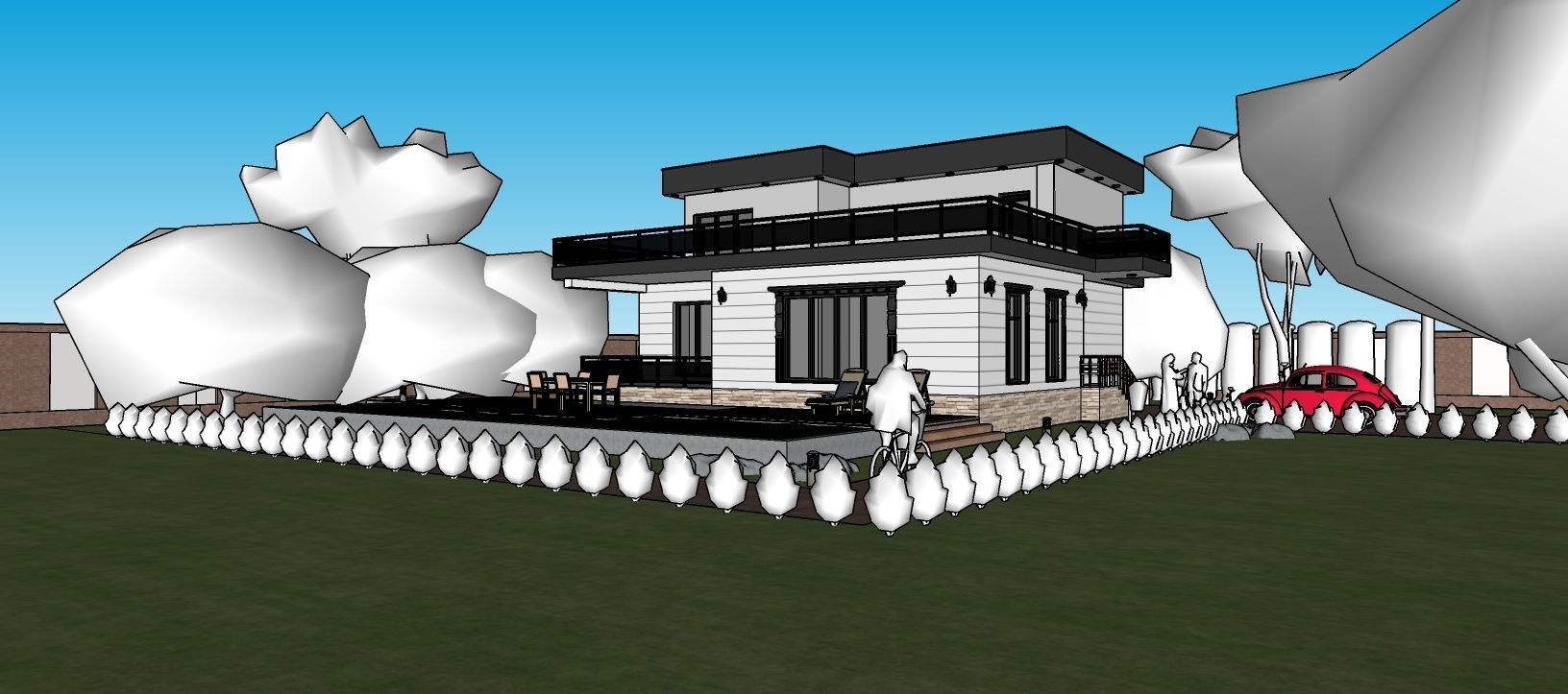 villa modern house with car on lawn Low-poly 3D model_2