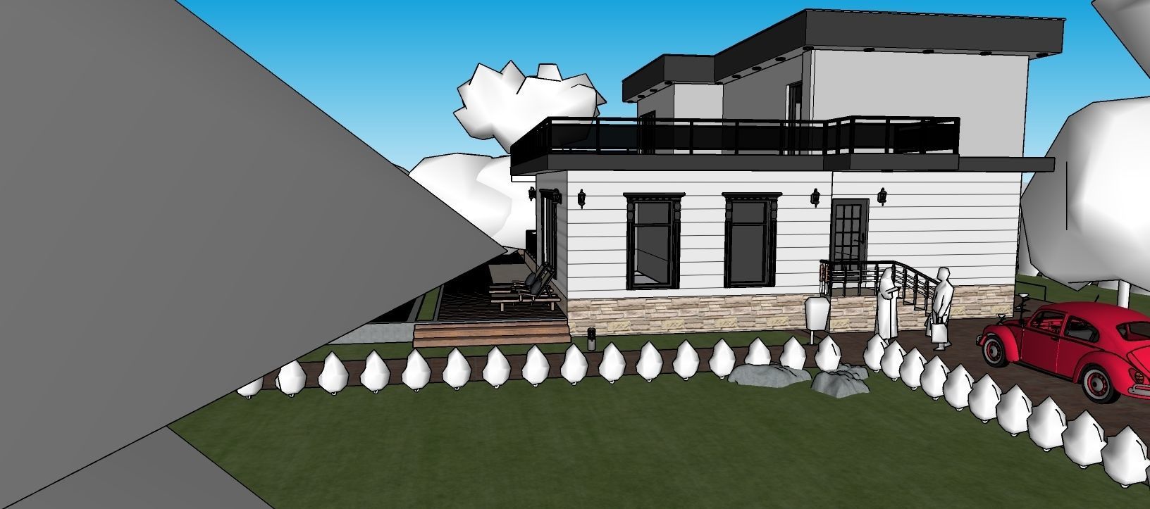 villa modern house with car on lawn Low-poly 3D model_1