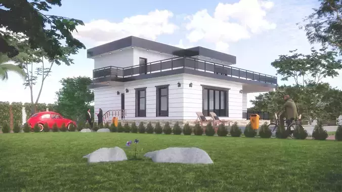 villa modern house with car on lawn