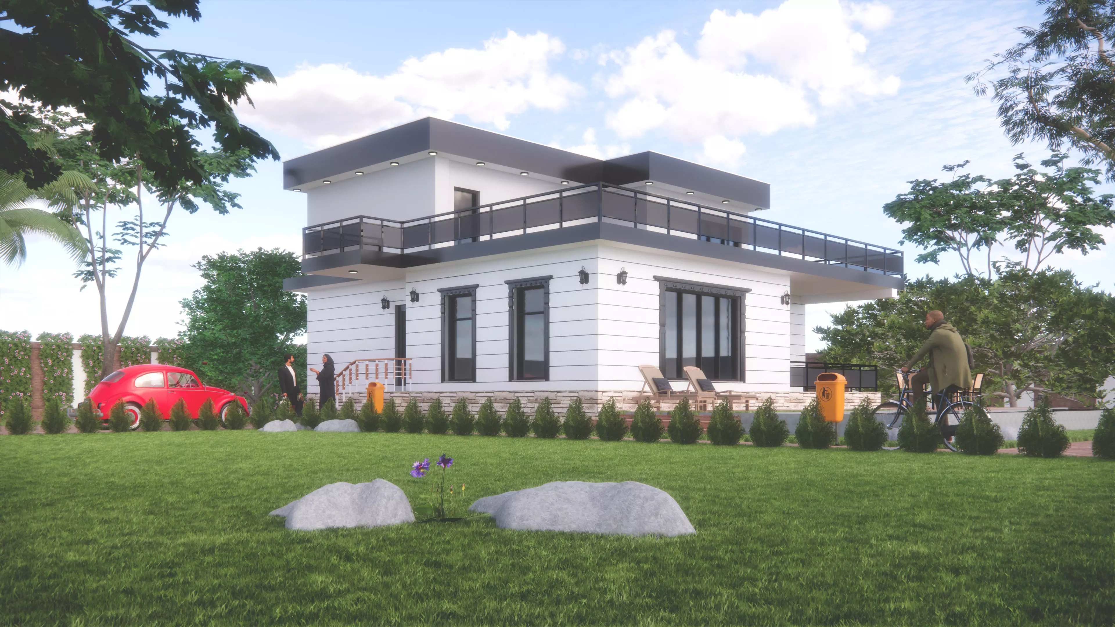 villa modern house with car on lawn Low-poly 3D model_0
