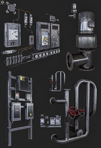Electricity Equipment and Pipes Pack  Low-poly 3D model