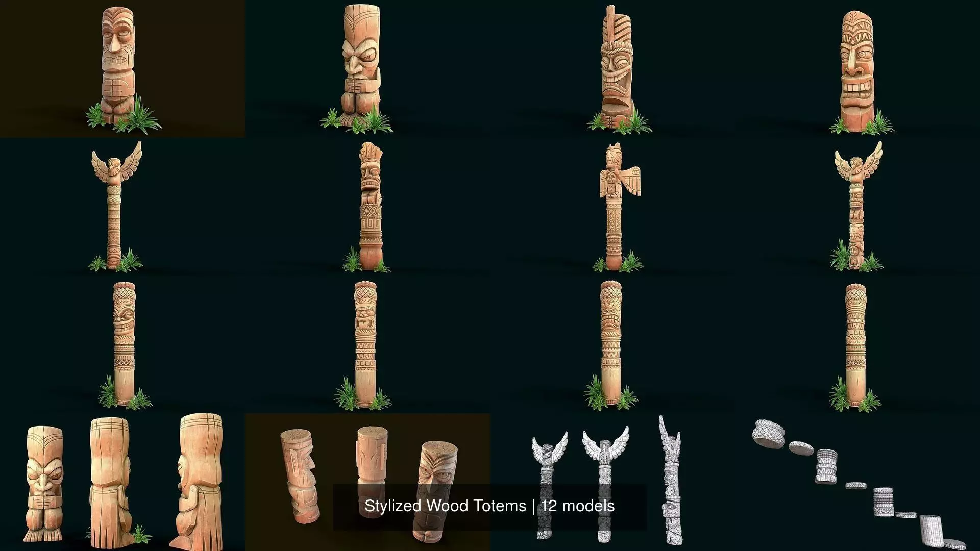 Stylized Wood Totems 3D Model Collection_1