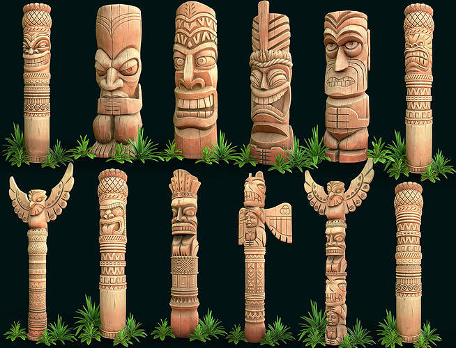 Stylized Wood Totems 3D Model Collection