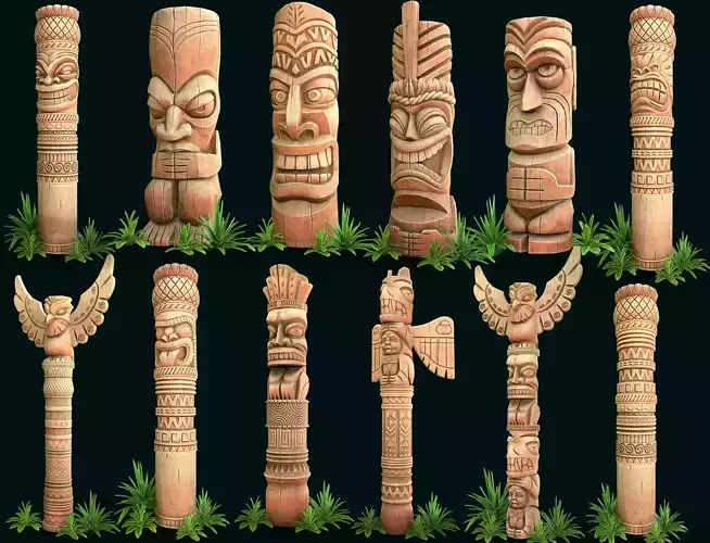 Stylized Wood Totems 3D Model Collection