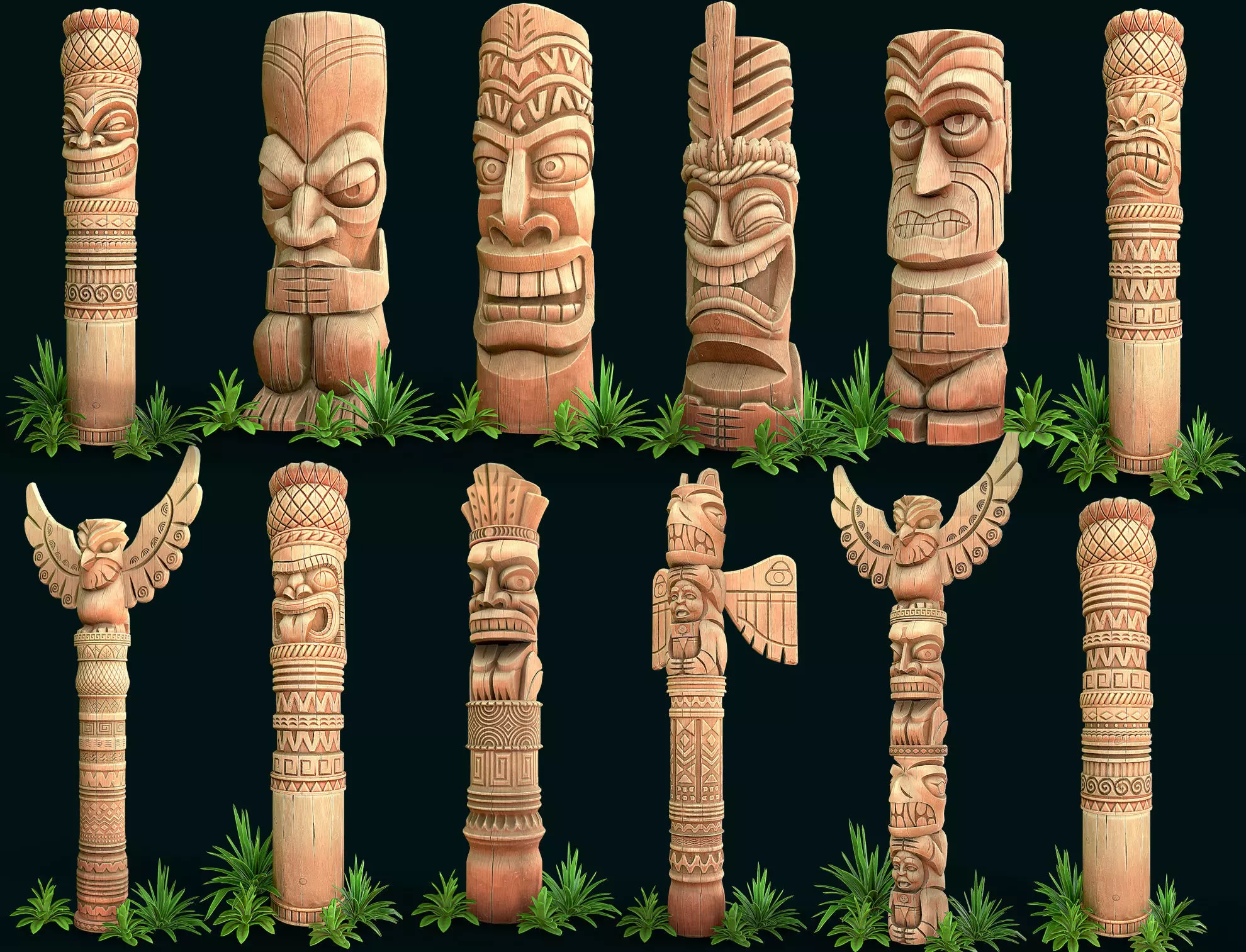 Stylized Wood Totems 3D Model Collection_0