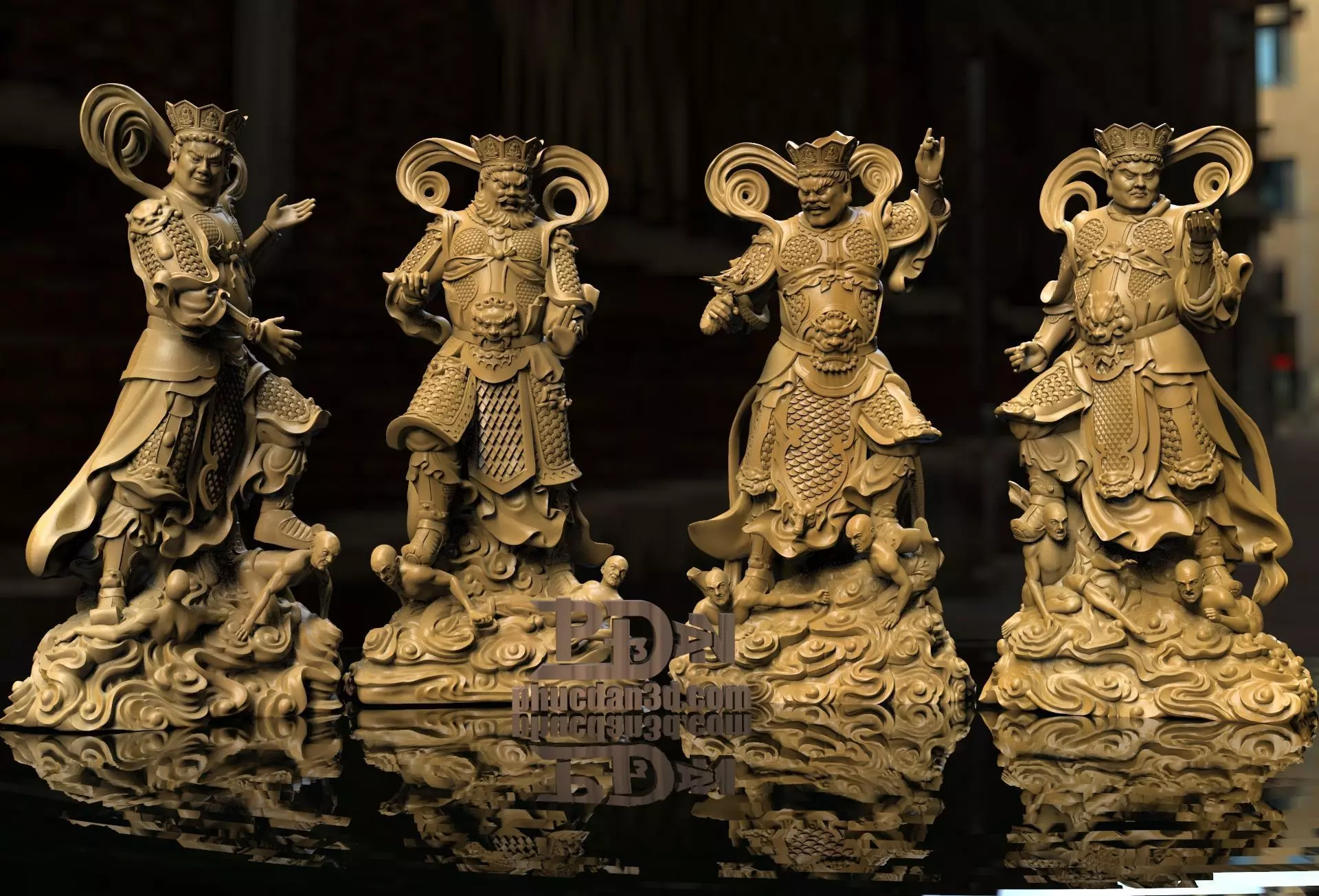 Buddhism four chinese statues of person 3D model