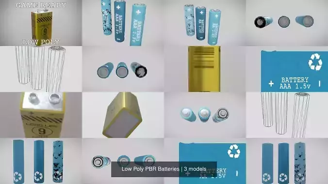 Low Poly PBR Batteries three aa 3D Model Collection