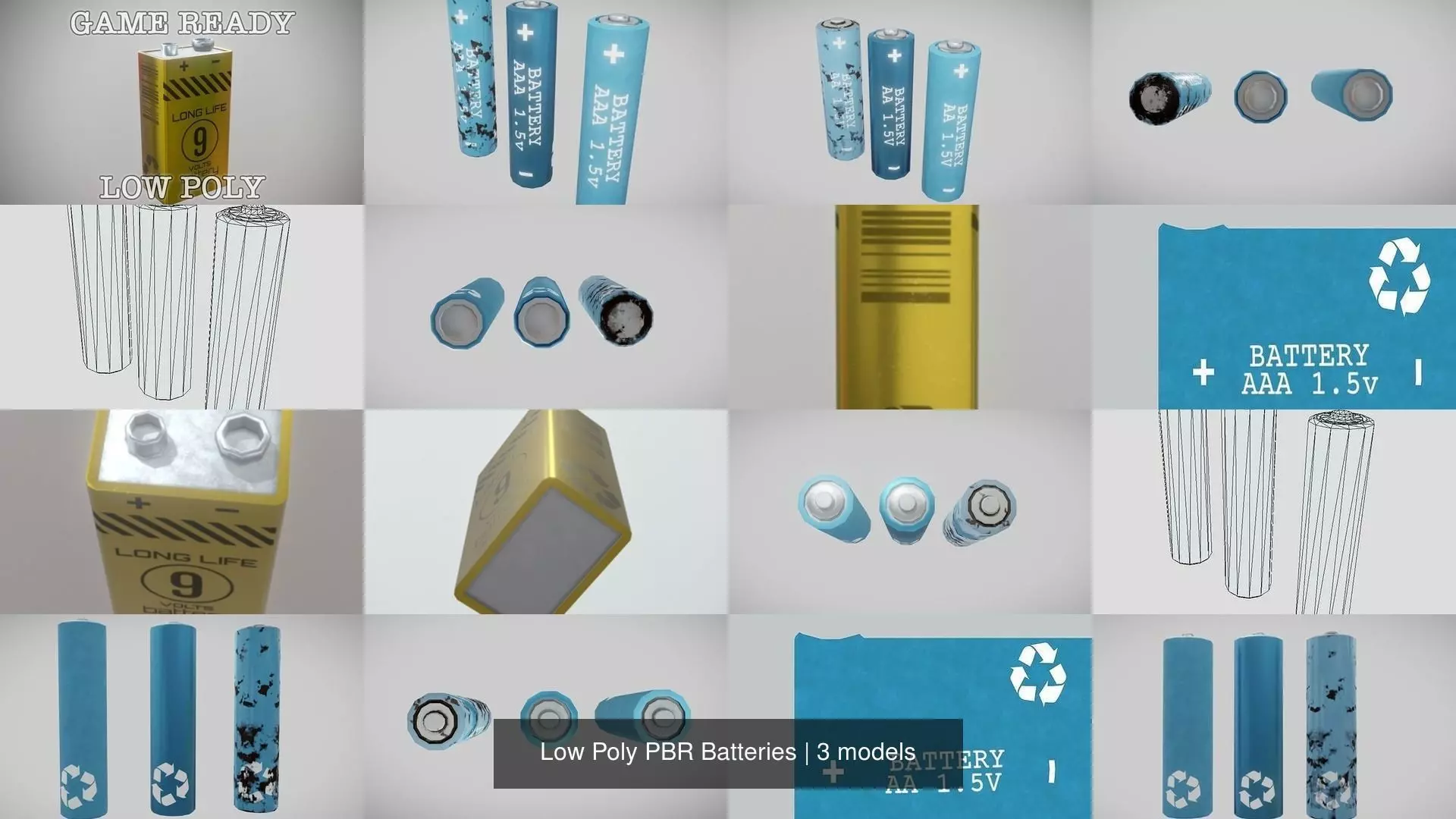 Low Poly PBR Batteries three aa 3D Model Collection_0