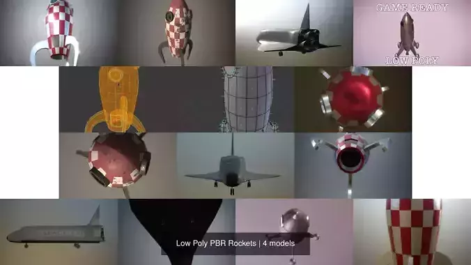 Low Poly PBR Rockets rocket with checkered pattern 3D Model Collection