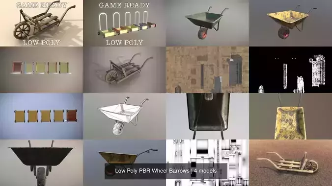 Low Poly PBR Wheel Barrows 3D Model Collection