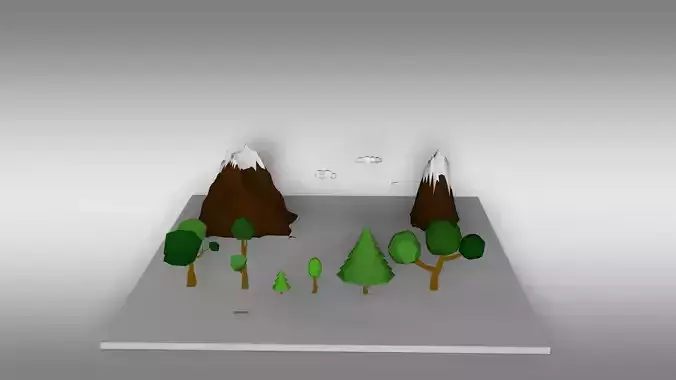 low poly forest with trees and mountains