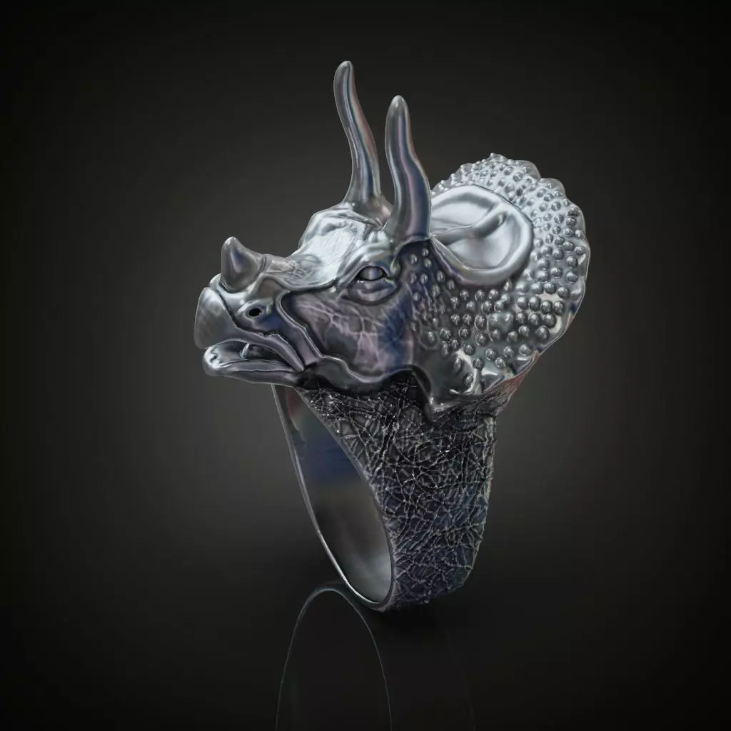 Triceratops dinosaur head ring for men 3D print model_0