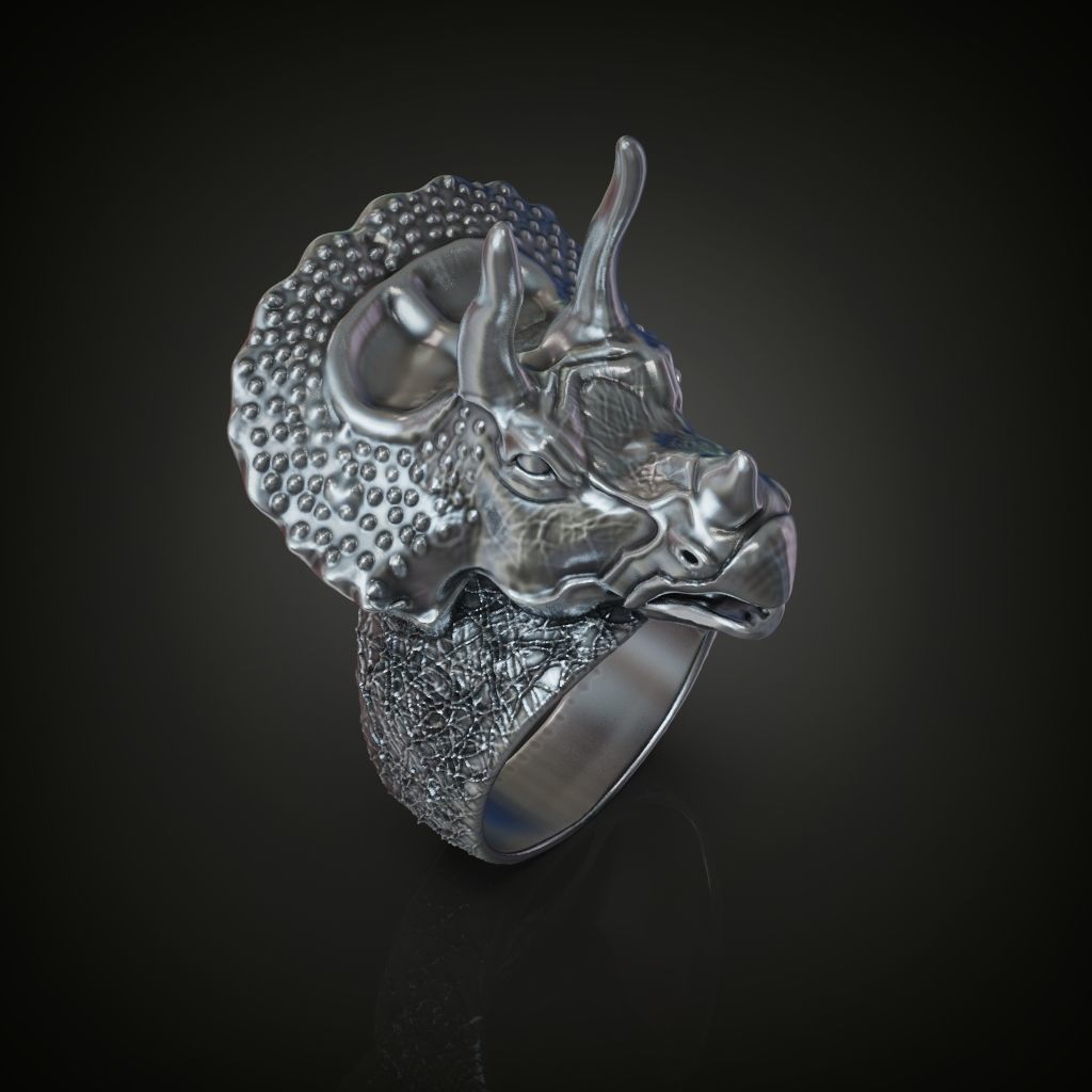 Triceratops dinosaur head ring for men 3D print model_1