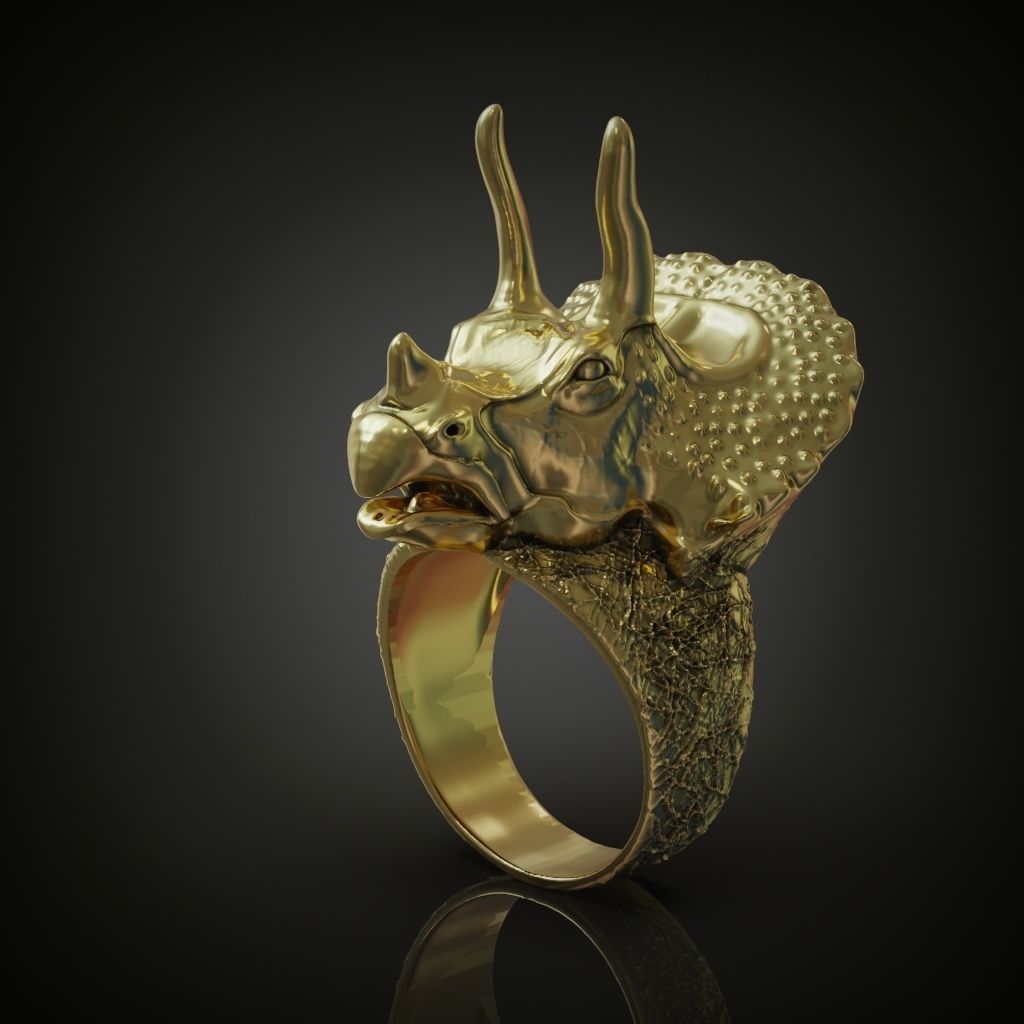 Triceratops dinosaur head ring for men 3D print model_2