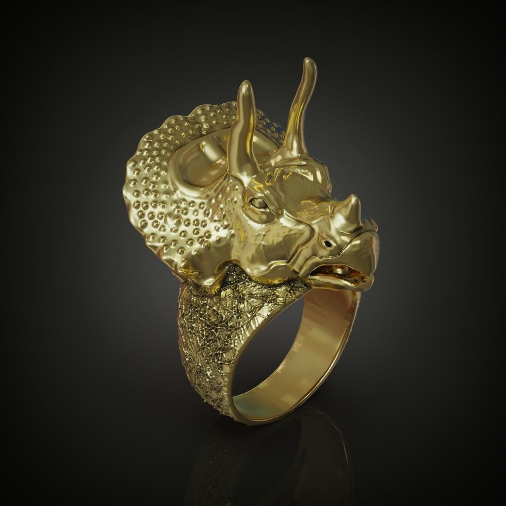 Triceratops dinosaur head ring for men 3D print model_3