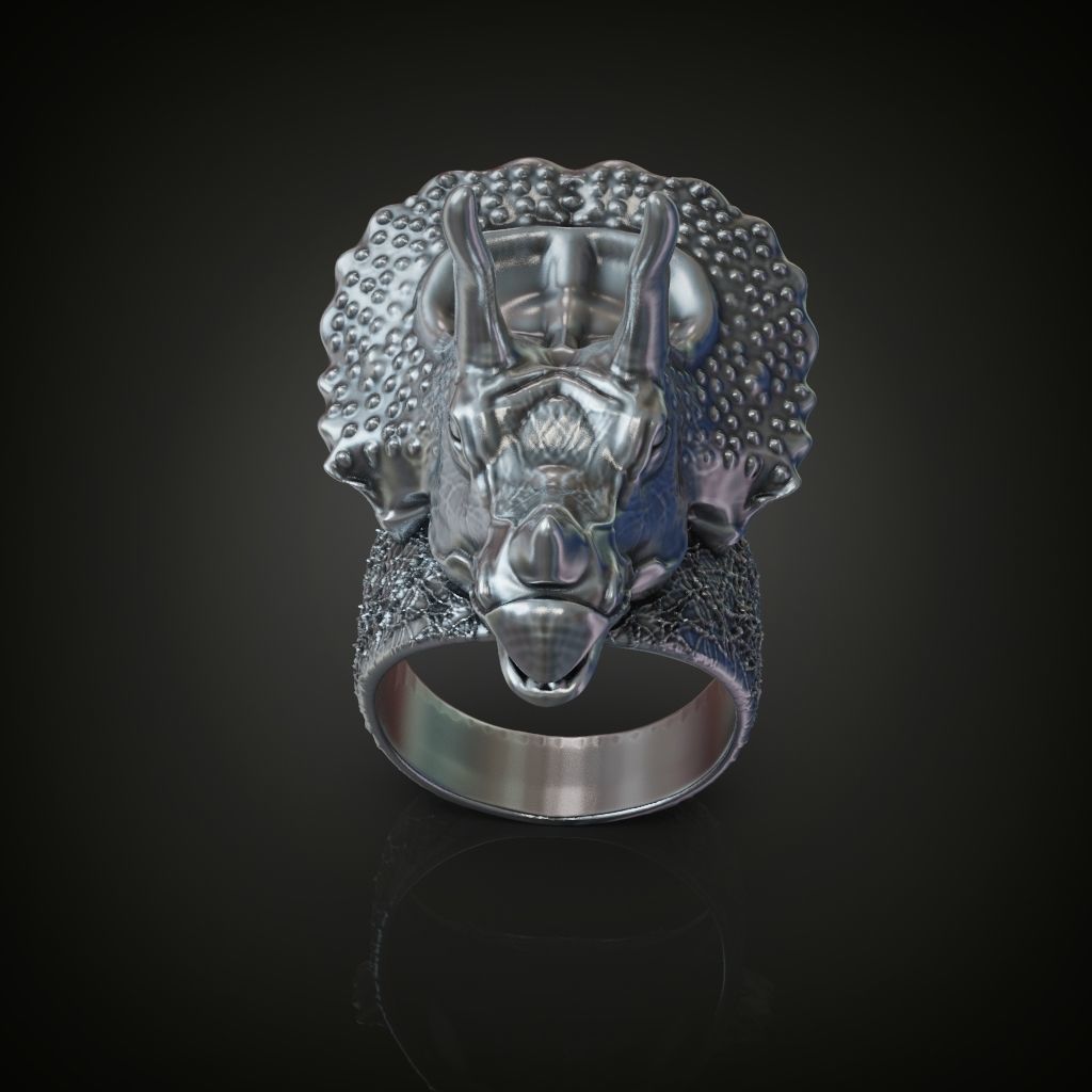 Triceratops dinosaur head ring for men 3D print model_4