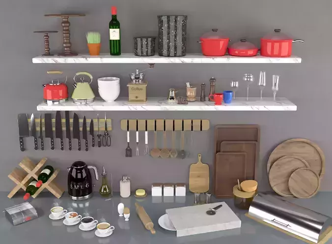 Kitchen collection utensils on shelves Free 3D model