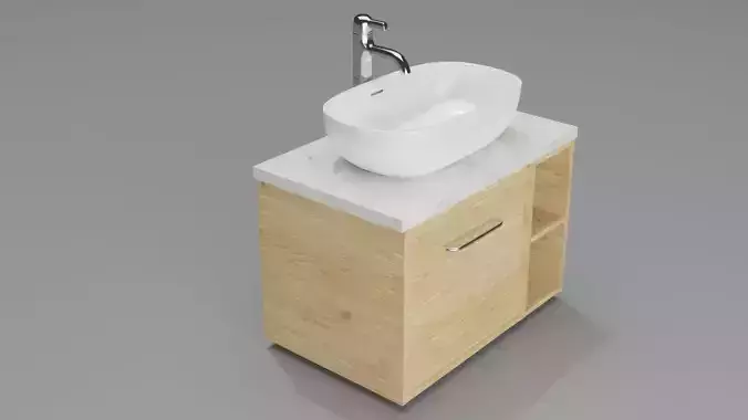 White basin for hand face wash with wooden counter marble top