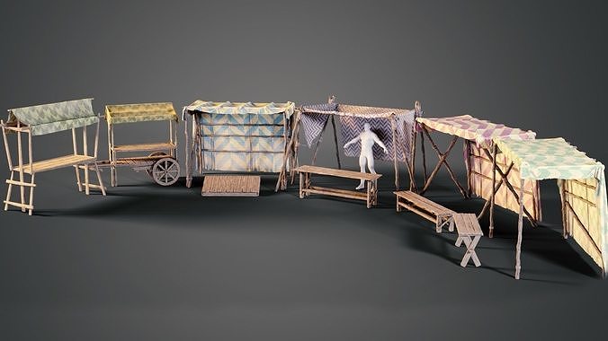 Medieval market stalls Low-poly 3D model 4