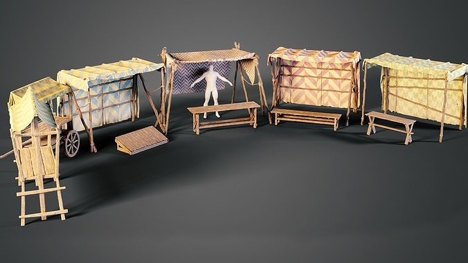 Medieval market stalls Low-poly 3D model 3
