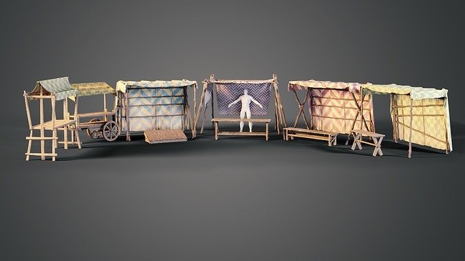 Medieval market stalls Low-poly 3D model