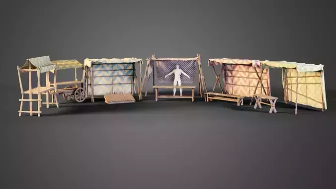 Medieval market stalls Low-poly 3D model