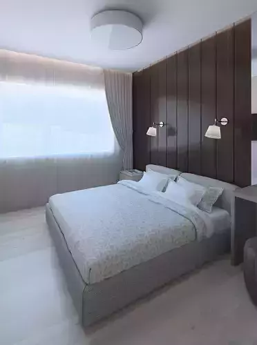 Cozy bedroom with wood paneled wall