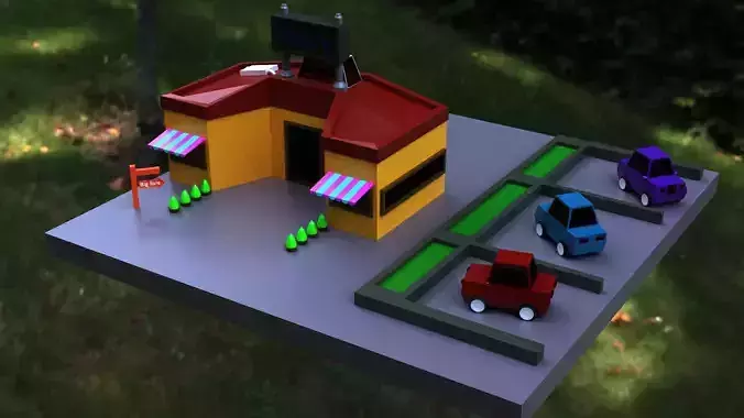 low poly 3d model candy store with balloons on top