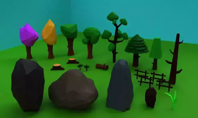 low poly 3d model tree set