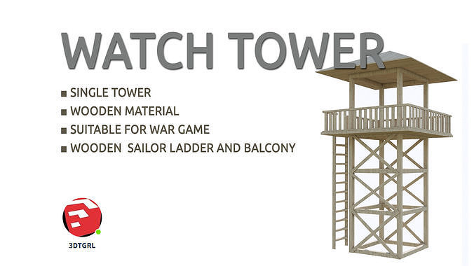 TOWER-3-BALCONY wooden watch tower Low-poly 3D model