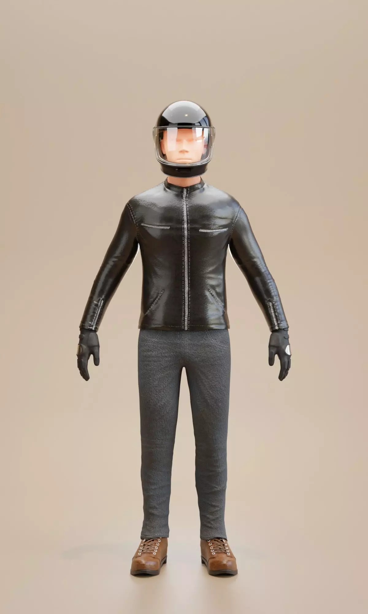 Biker man wearing helmet and leather pants 3D model_0