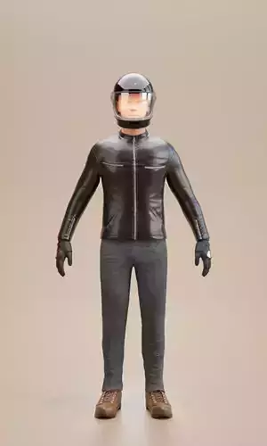 Biker man wearing helmet and leather pants