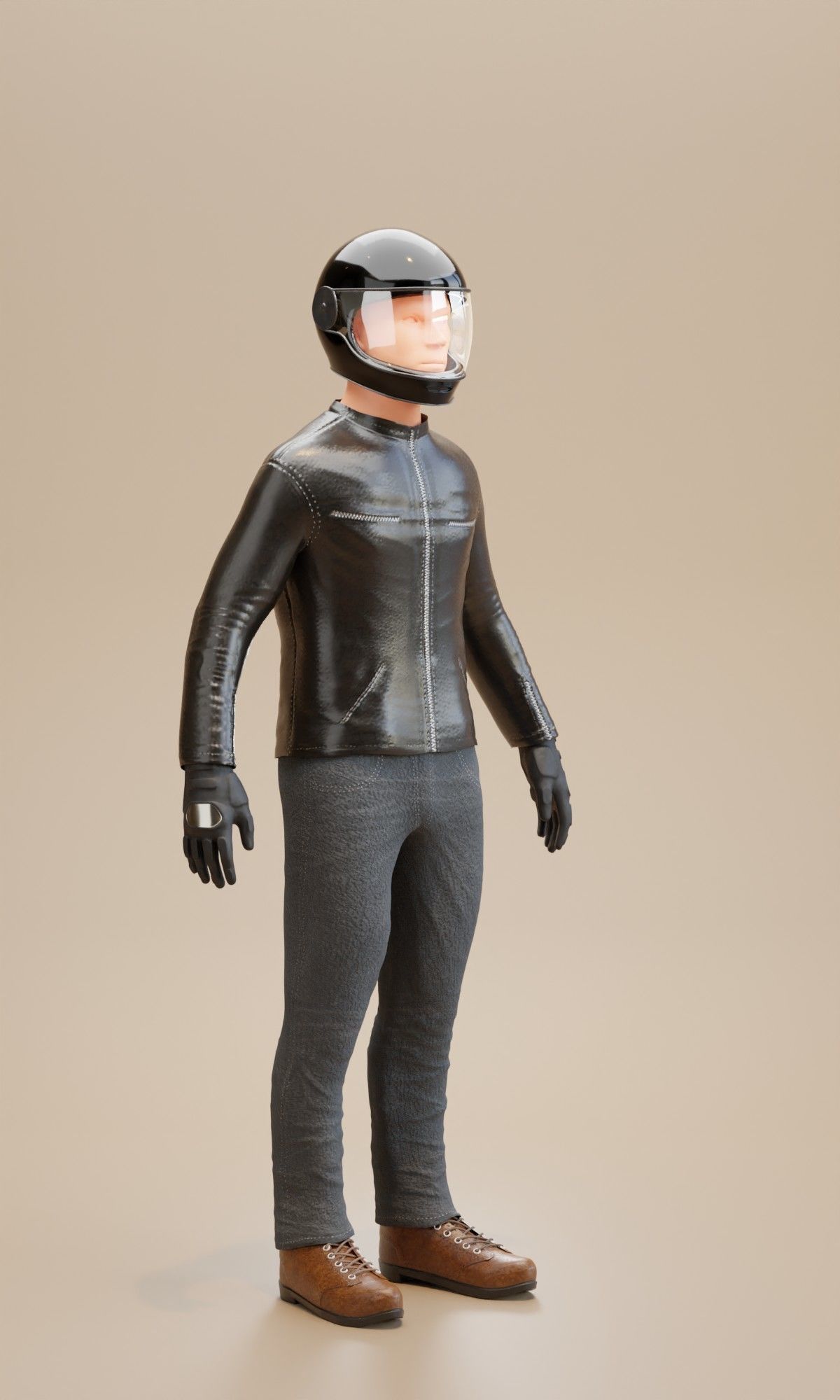 Biker man wearing helmet and leather pants 3D model_1