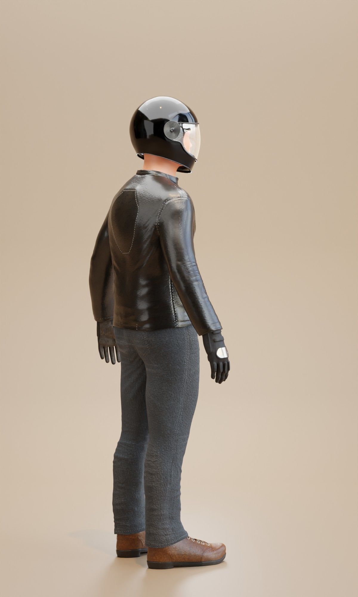 Biker man wearing helmet and leather pants 3D model_2