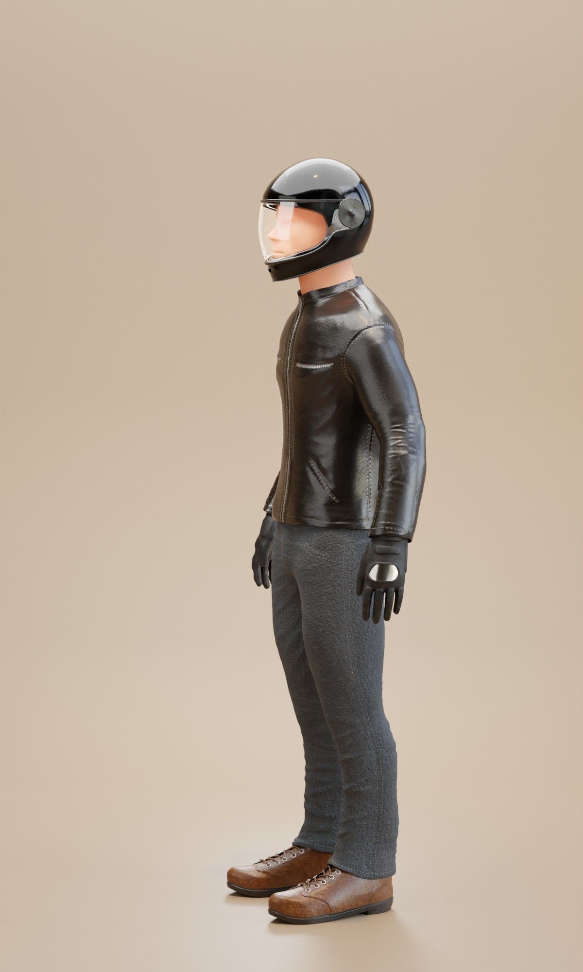 Biker man wearing helmet and leather pants 3D model_4
