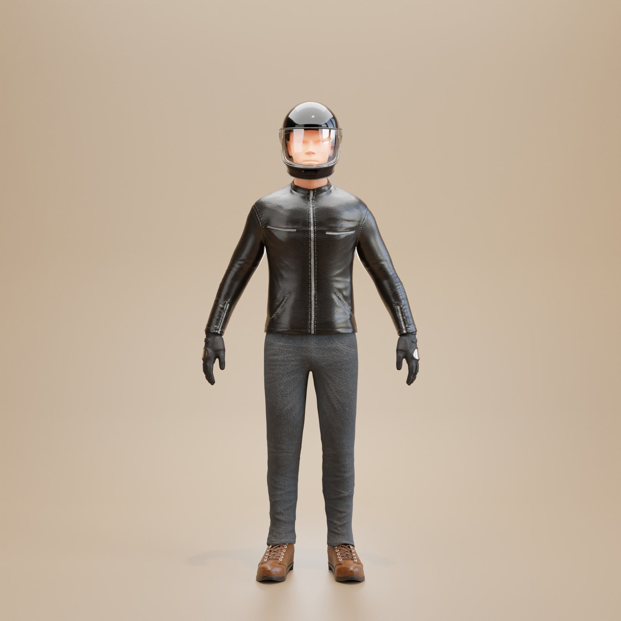 Biker man wearing helmet and leather pants 3D model_8