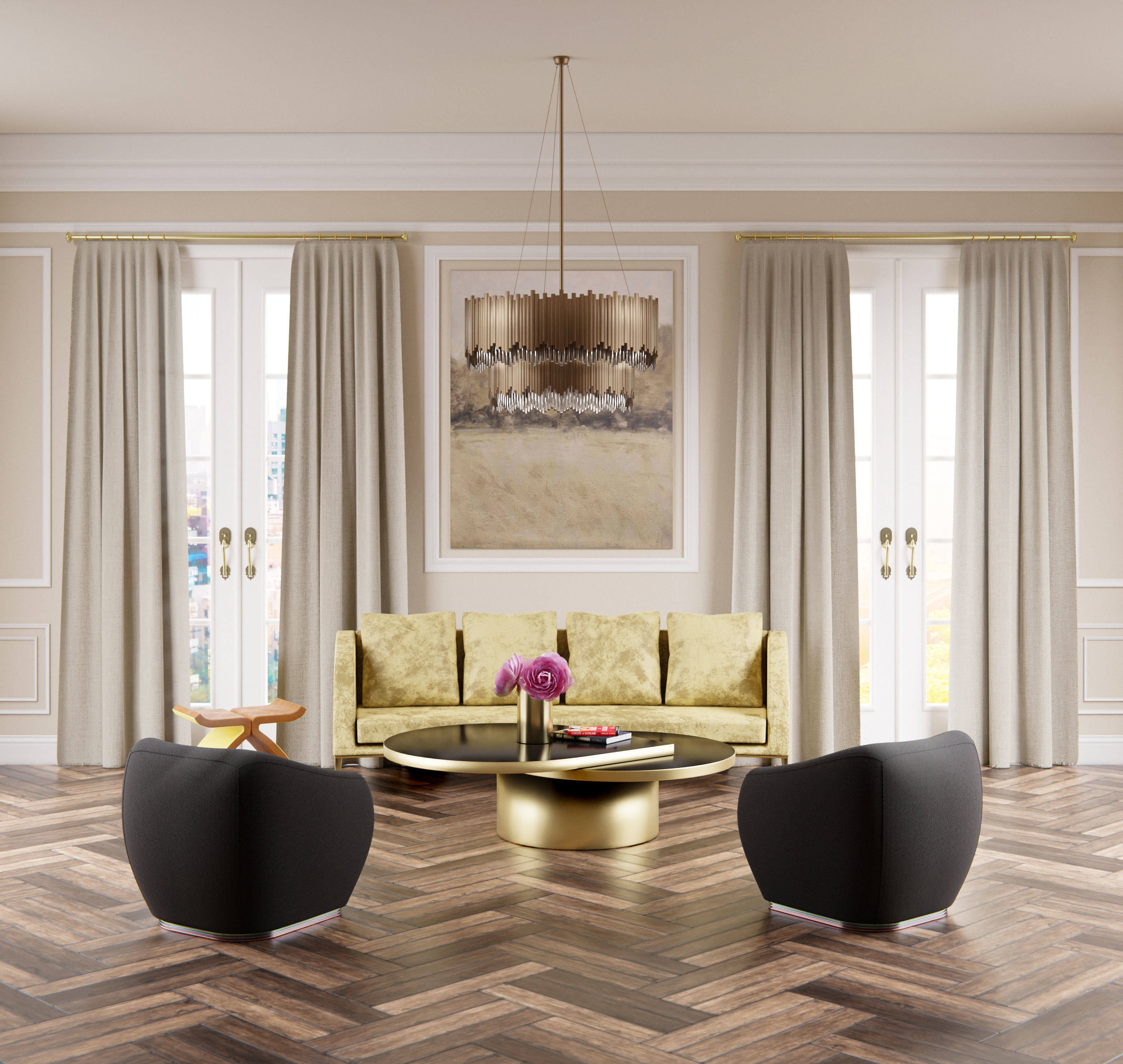 Couch sofa with gold legs Low-poly 3D model_8