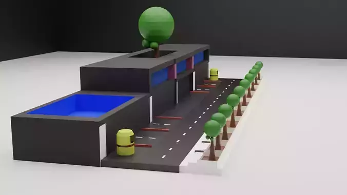 street building with tree in it