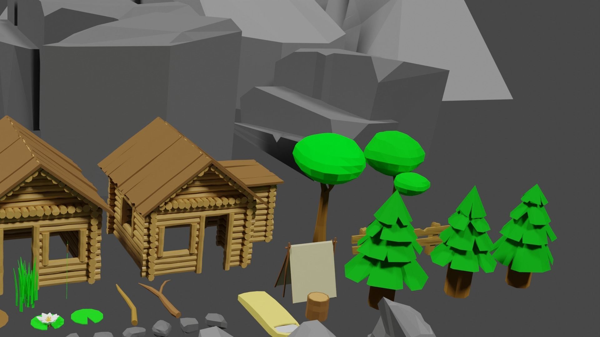 Lowpoly Natureset house with trees and rocks Low-poly 3D model_14