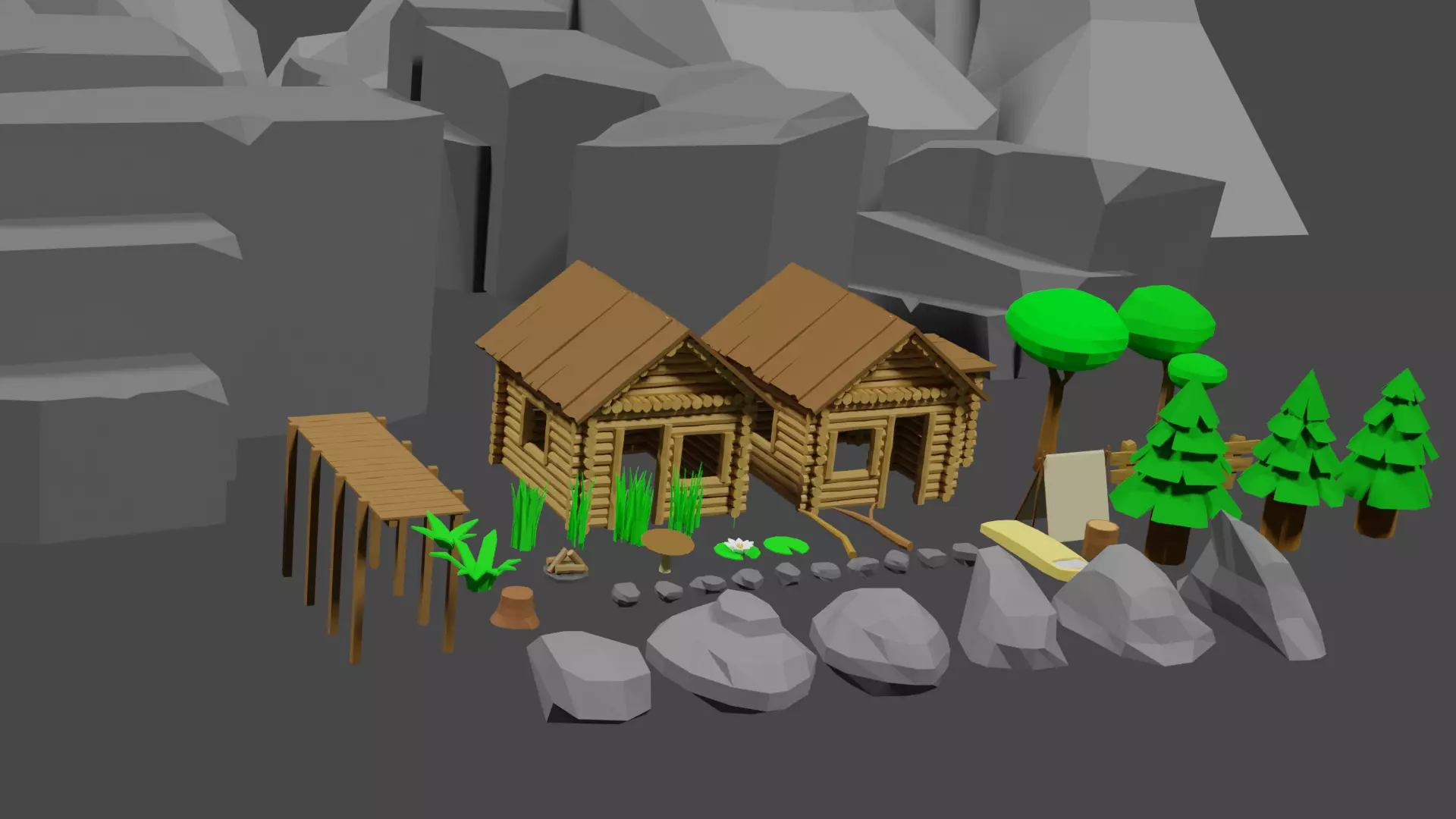 Lowpoly Natureset house with trees and rocks Low-poly 3D model_0