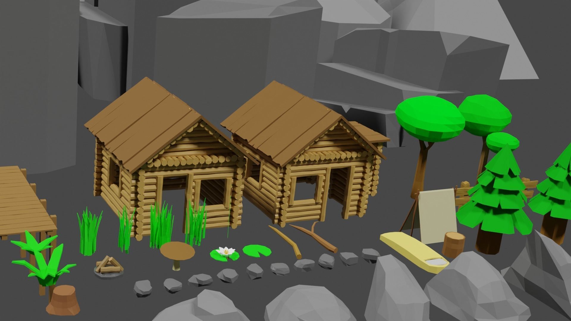 Lowpoly Natureset house with trees and rocks Low-poly 3D model_8