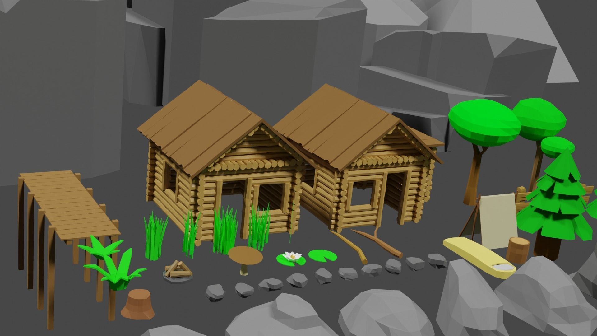 Lowpoly Natureset house with trees and rocks Low-poly 3D model_7