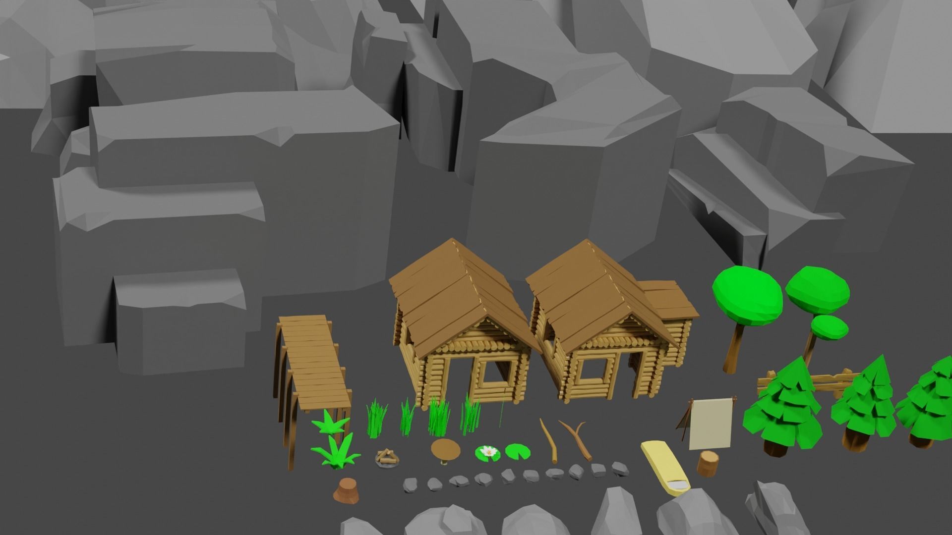 Lowpoly Natureset house with trees and rocks Low-poly 3D model_29