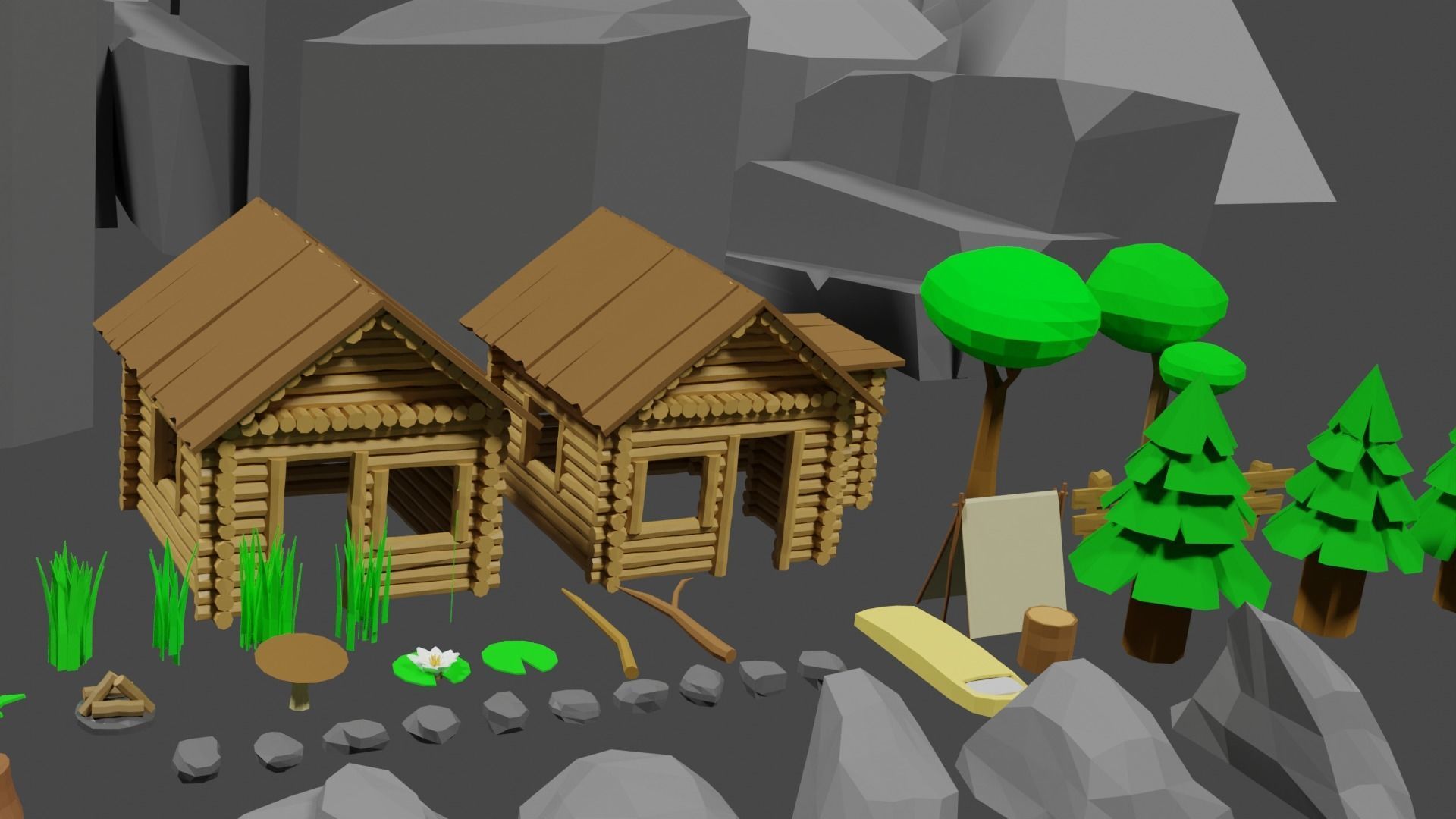 Lowpoly Natureset house with trees and rocks Low-poly 3D model_9