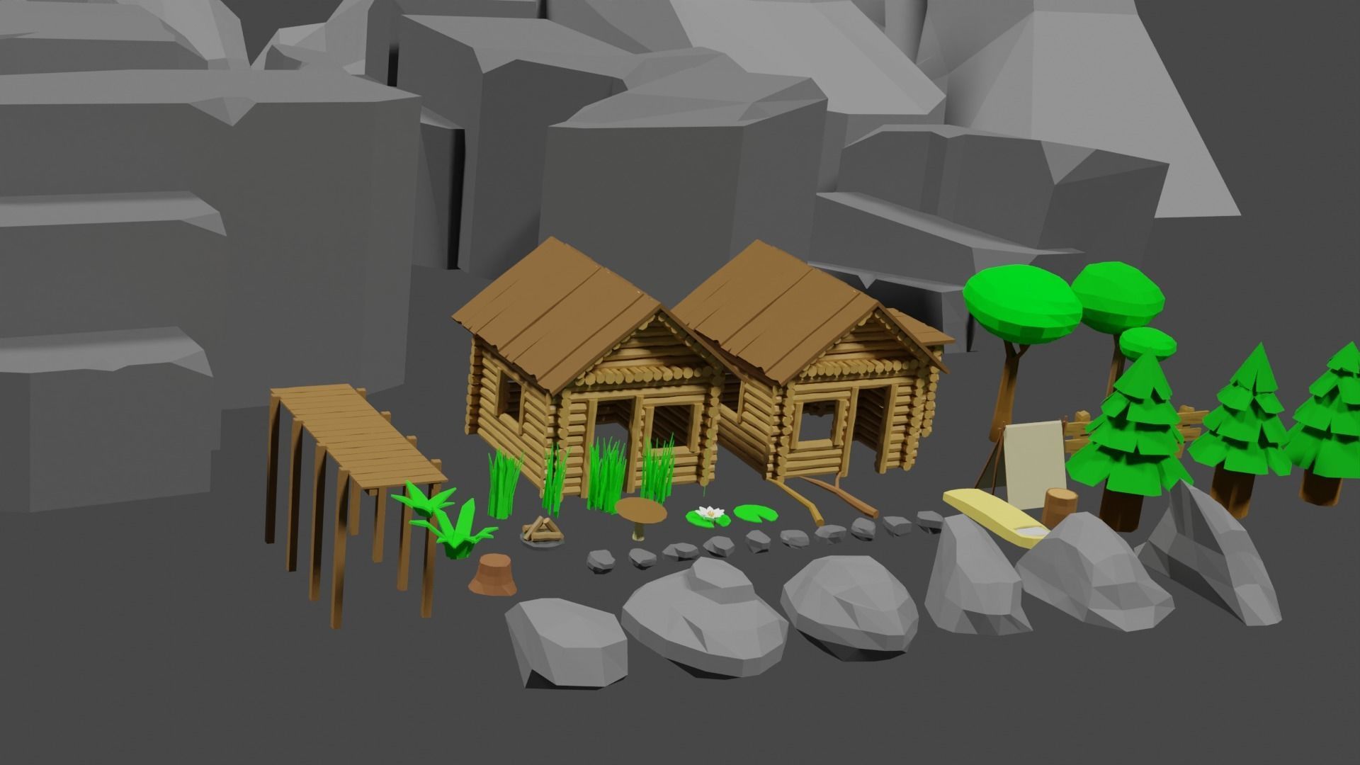 Lowpoly Natureset house with trees and rocks Low-poly 3D model_2