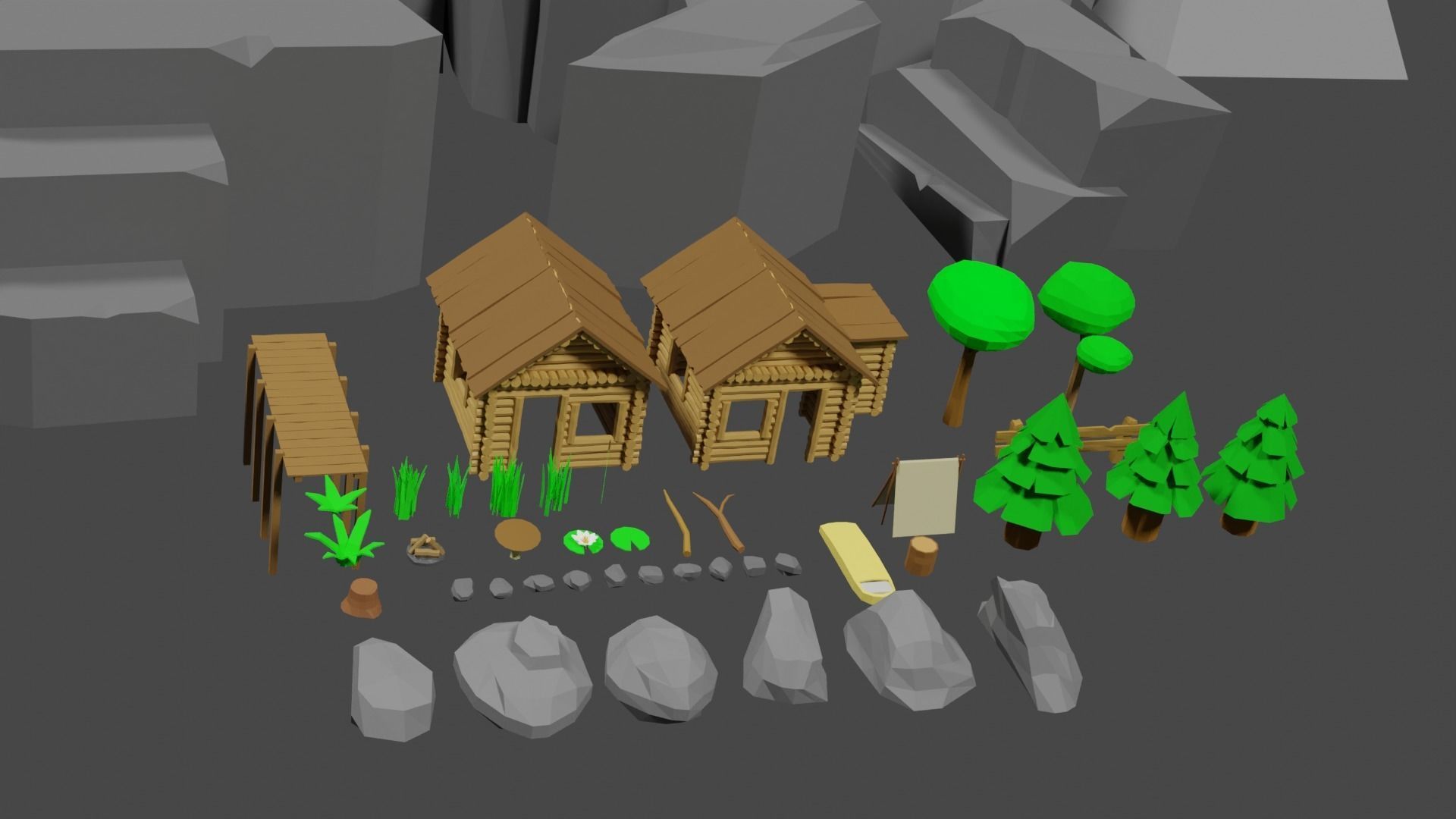 Lowpoly Natureset house with trees and rocks Low-poly 3D model_32