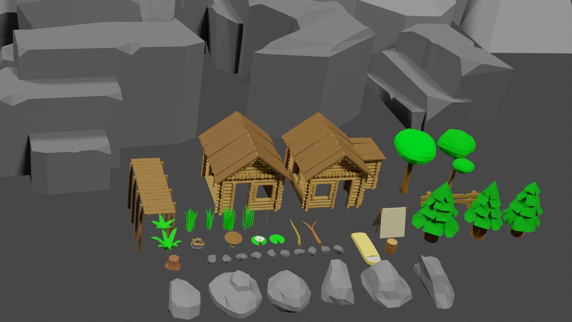 Lowpoly Natureset house with trees and rocks Low-poly 3D model_30