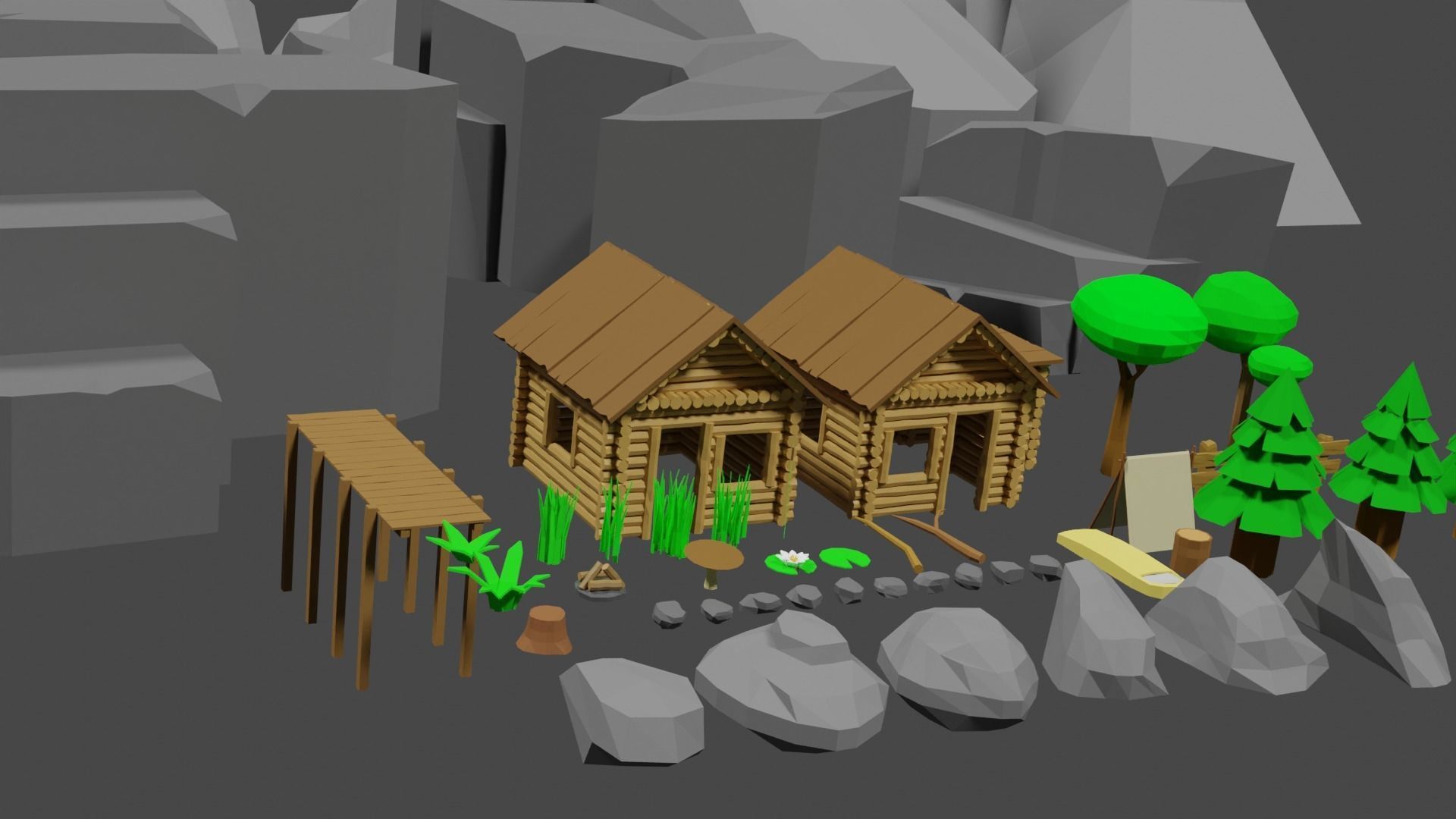 Lowpoly Natureset house with trees and rocks Low-poly 3D model_3